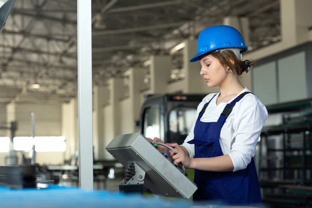front view young attractive lady blue construction suit helmet controlling machines hangar working during daytime buildings architecture construction (1)