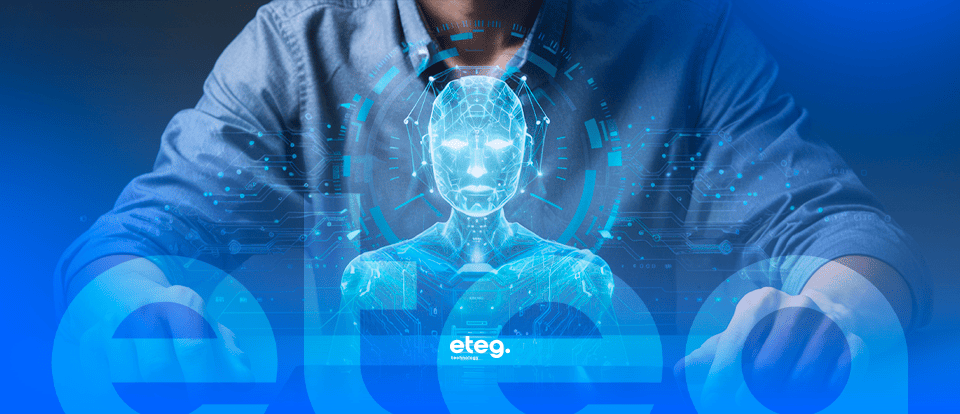 logo eteg e homem de frente a um avatar de IA. Calculo de ROI
